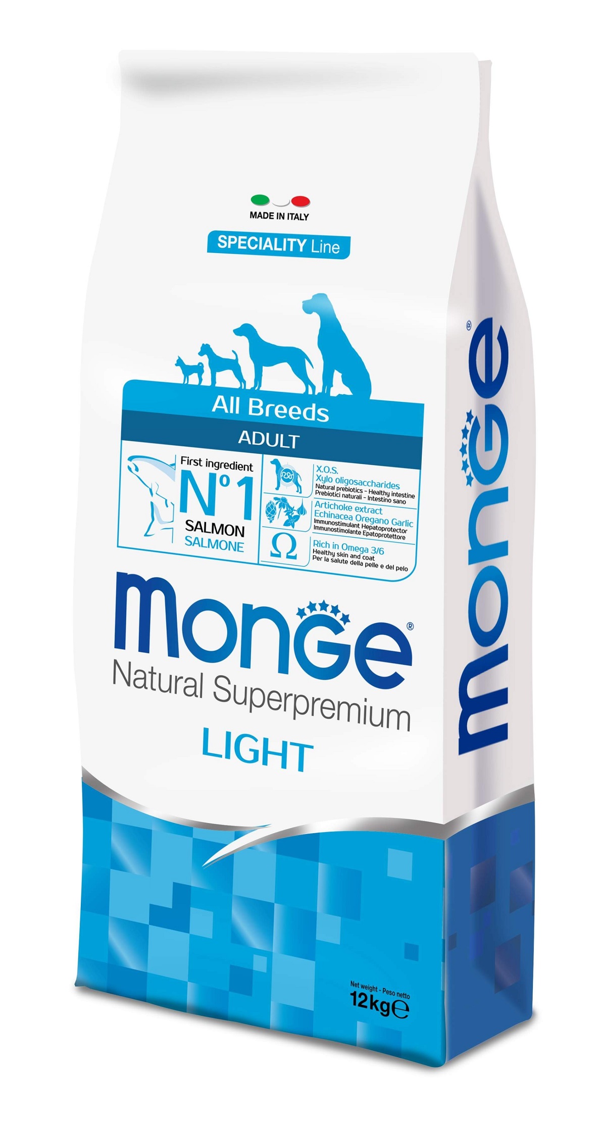 Crocchette Monge Adult Light Salmone e Riso 12kg - Nutrizione Bilanciata per Cani, Ideali per il Controllo del Peso e la Salute