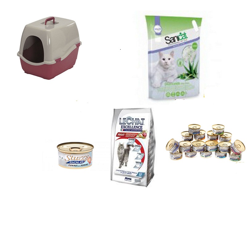 Kit per gatto lettiera 50x40x42 lettiera silicio crocchette e 5 scatolette