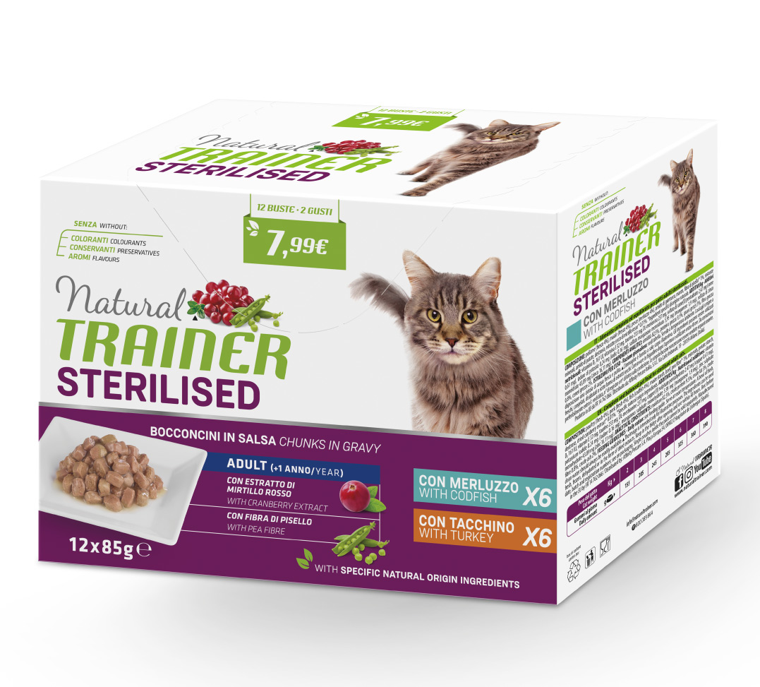 Natural Trainer Sterilized: 12 Bustine di Merluzzo e Tacchino per un\'Alimentazione Sana e Gustosa - Ideale per gatti Sterili