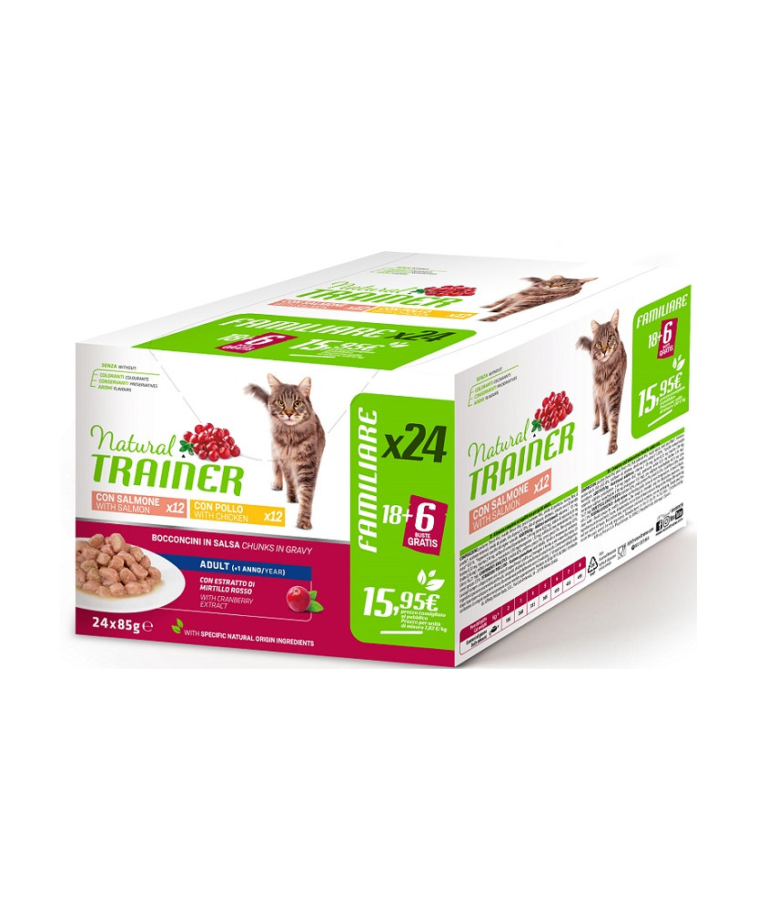 Natural Trainer 24 Bustine 85gr Salmone e Pollo - Snack Naturale per Cani, Ricco di Proteine e Nutrienti per un Benessere Ottima