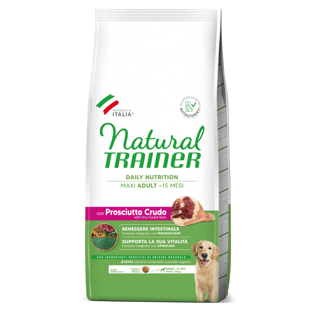 Crocchette Natural Trainer Maxi Adult per Cane - 12.5 kg con Prosciutto Crudo, Nutrizione Completa e Gusto Irresistibile per la